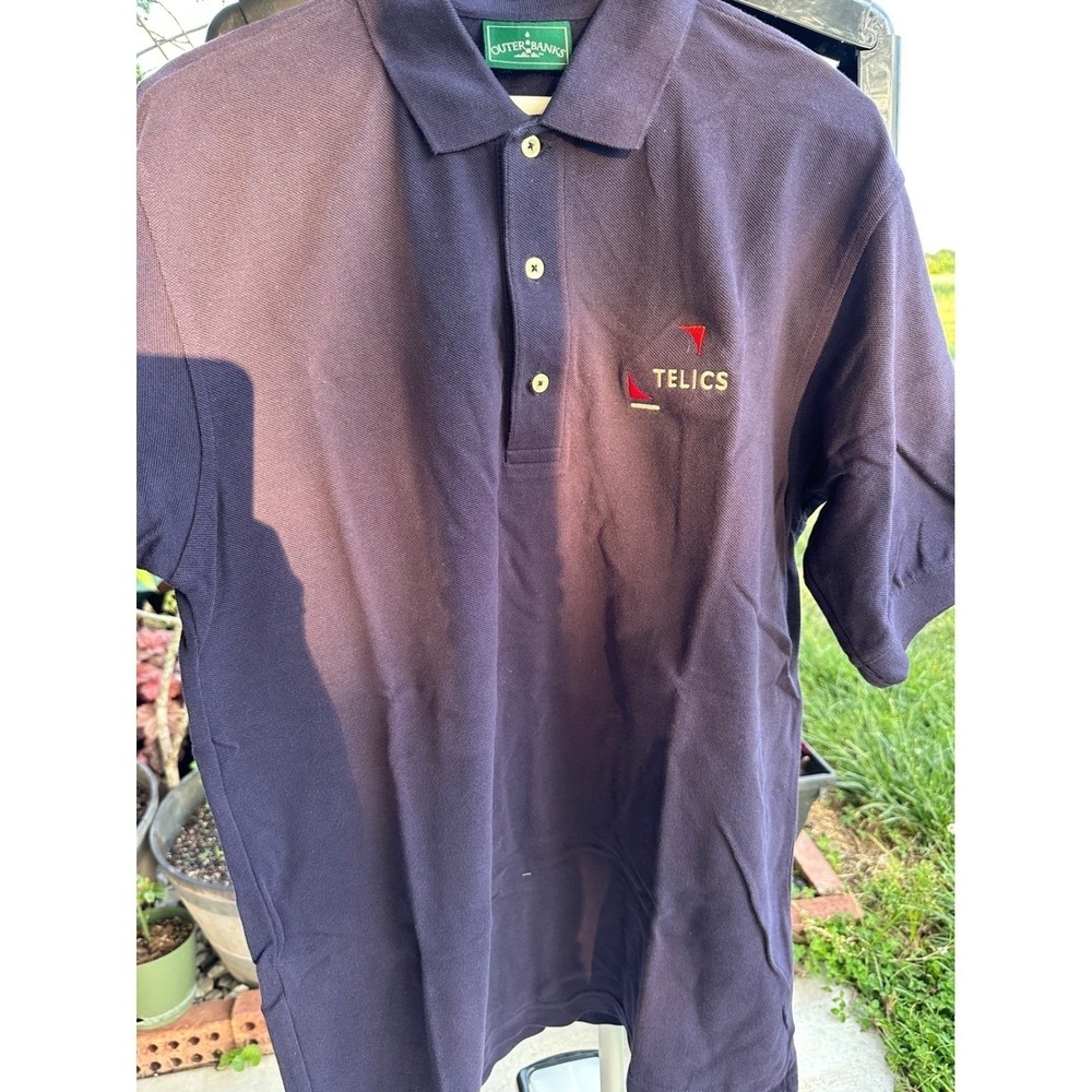 Outer Banks Men Navy Blue Cotton Pique Polo Shirt Telics Logo SZ  M Short Sleeve